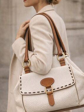 Dooney & Bourke Bone & Brown Florentine Pebbled Leather Shoulder Bag | Dust Bag